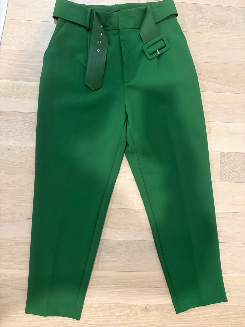 Zara Green High-Waist Tapered Pants with Belt